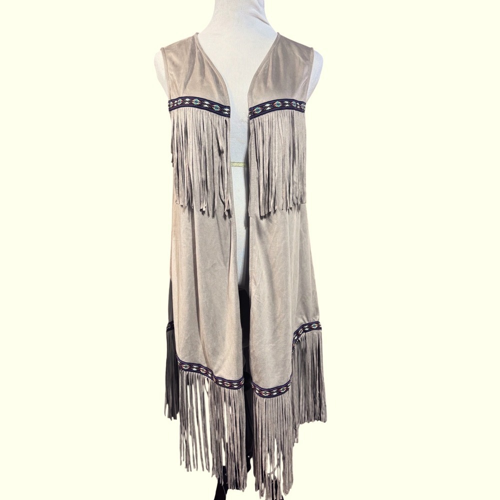 Western Fringe Vest Womens Medium Faux Suede Fringe Long Duster Tan Western Boho